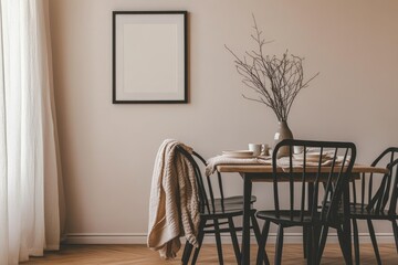 Empty dining room, beige walls, wooden table, black chairs, art frame
