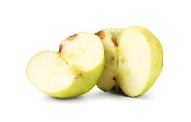 Halves of rotting apple isolated on white