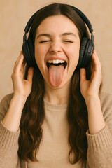Joyful young woman wearing headphones, sticking out her tongue playfully while listening to music. Fun and carefree expression, cozy outfit, warm indoor setting, candid portrait.