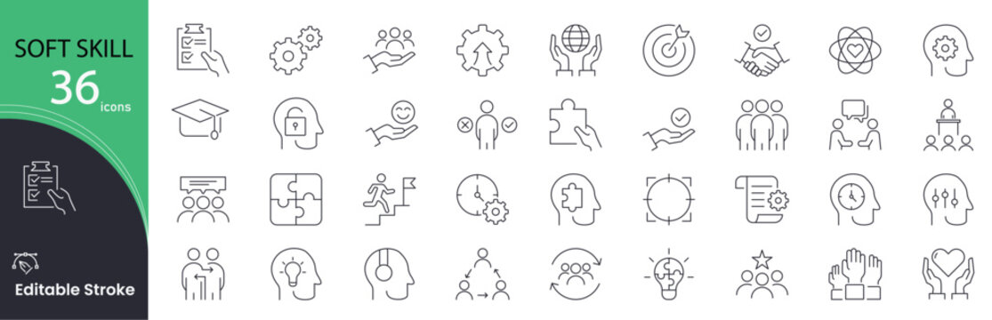 Soft Skills icon set. Personal and professional development related line icons. communication, leadership, teamwork, time management, adaptability, creativity, problem and solving . Editable stroke.