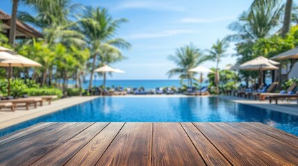 Empty wooden table overlooking a tropical resort pool and ocean.