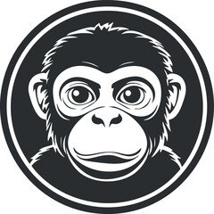Fototapeta premium Black and white circular illustration of a chimpanzee face with detailed eyes and fur