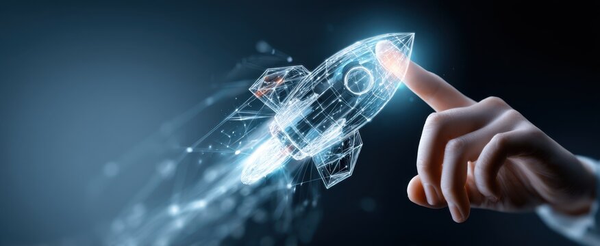 The futuristic rocket launched by a fingertip displaying innovation and creativity.