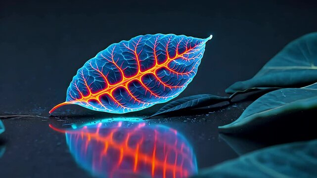 Glowing bioluminescent leaf with red veins on dark background surrounded by natural green foliage