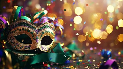 A gold and green masquerade mask is on a table with a lot of colorful confetti. The scene conveys a festive and celebratory mood, as the mask and confetti suggest a party or special event