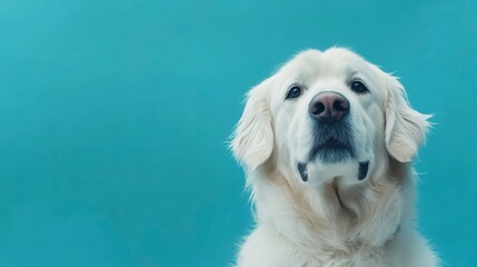 Close-up portrait of a fluffy white dog against a teal background.