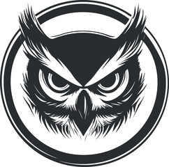 Stylized black and white owl head illustration inside a circular frame representing wildlife and nature