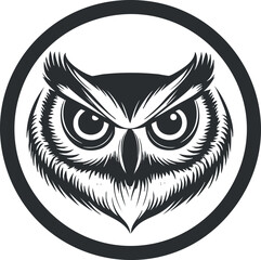 Monochrome stylized owl head illustration enclosed in a circle representing wildlife and nature