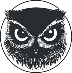 Black and white stylized illustration of an owl face with sharp eyes inside a circle