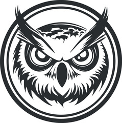 Black and white stylized illustration of an owl face with intense eyes in a circular frame