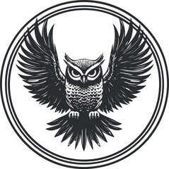 Detailed black and white illustration of an owl with wings spread inside a circular frame