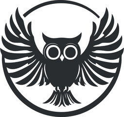 Black silhouette of an owl with wings spread wide inside a circular frame symbolizing flight and nature