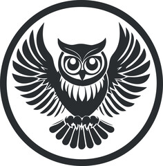 Black and white owl illustration with wings spread inside a circular frame symbolizing wisdom and nature