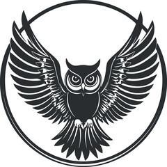 Black and white illustration of a flying owl with wings spread inside a circular frame