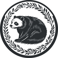 Black and white stylized illustration of a sitting panda bear within a circular leafy frame