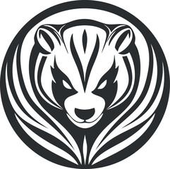 Black and white stylized tiger head illustration with stripes inside a circular frame