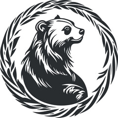Black and white stylized illustration of a bear head in profile surrounded by a circular wreath design.