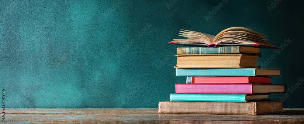 Poster the stack of colorful books with an open page on top.