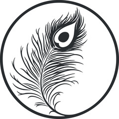 Black and white stylized illustration of a single peacock feather inside a circular frame