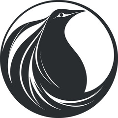 Stylized black bird silhouette logo inside a circle with flowing feather design and elegant curves