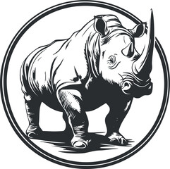 Fototapeta premium Black and white vector illustration of a standing rhinoceros inside a circular frame symbolizing wildlife and nature