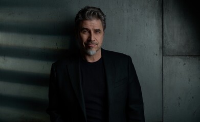 Fototapeta premium Business portrait - businessman in black jacket standing against dark gray wall. Happy middle aged, mid adult man in his 50s with gray hair, smiling. Copy space.