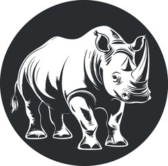 Obraz premium Black and white vector illustration of a rhinoceros standing in a circle with detailed features