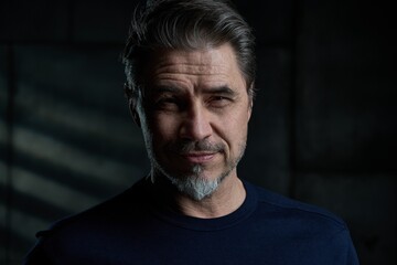 Fototapeta premium Portrait of confident casual middle aged, mid adult caucasian man in his 50s, smiling, standing against dark gray wall. . Copy space .
