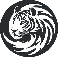 Stylized black and white tiger head in profile inside a circular design symbolizing strength and wildlife