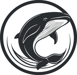 Obraz premium Black and white stylized illustration of a whale inside a circular frame, symbolizing marine wildlife and ocean life.