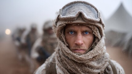 soldier with striking blue eyes, wrapped in snow-covered gear, stands resolutely amidst a snowy desert landscape. Other soldiers are seen preparing for their next task