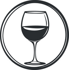 Illustration of a wine glass filled halfway with liquid inside a circular outline icon