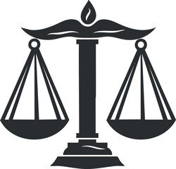 Black and white icon of a justice scale symbolizing law fairness and legal balance.