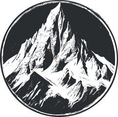 Obraz premium Black and white circular illustration of a rugged mountain peak covered with snow and rocks