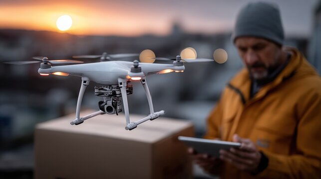 person in a warm jacket stands outdoors managing a drone while sunset casts a warm glow. delivery box is placed nearby, indicating a focus on aerial logistics and technology