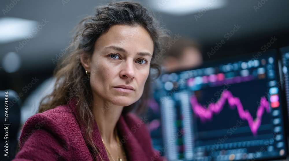 Poster female trader is concentrating on stock market charts displayed on multiple screens in a financial o