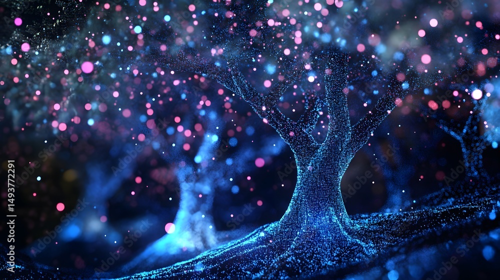 Poster digital forest where trees are made of light and code