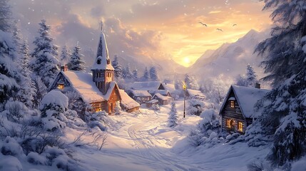 Winter village scene with snow-covered homes and a church steeple.