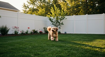 Adopted Dog's Joyful Run in Backyard - A newly adopted dog experiences freedom and happiness, running in a fenced backyard. The scene symbolizes new beginnings, unconditional love, safe haven