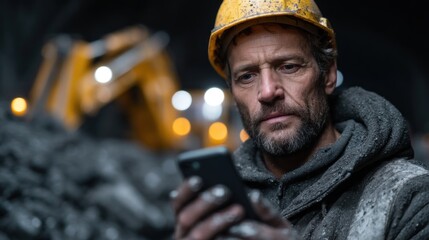 construction worker in a yellow hard hat examines his smartphone, surrounded by piles of materials and machinery, with soft, ambient lighting creating a focused atmosphere at dusk