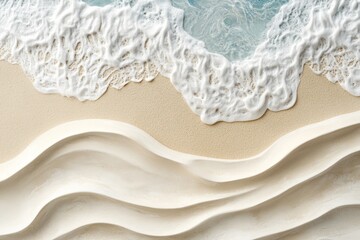 Painting of waves crashing on a sandy beach with blue sky and white clouds