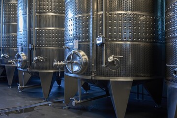 Industrial environment . huge metal tanks used for reductive wine making in vine cellar of modern...