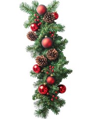 Christmas garland with red ornaments and pine cones isolated on white background
