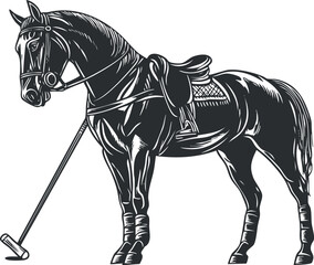 Black and white vector illustration of a polo horse with saddle and bridle holding a polo mallet