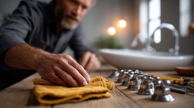 man focuses on wiping a wooden countertop with a towel while surrounded by various bathroom fixtures and tools in a well-lit space during daylight