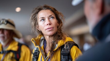 group of explorers, dressed in bright gear, gathers in a spacious indoor area. woman with curly hair wears a yellow jacket and listens intently as others converse, showing determination