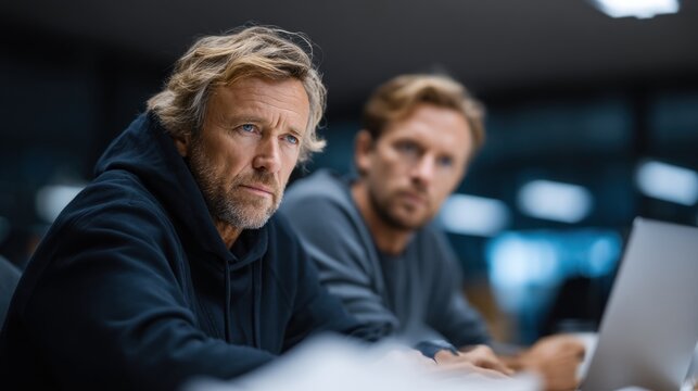 Two men concentrate intensely on their discussion in a contemporary office setting late at night, surrounded by technology and a subdued atmosphere