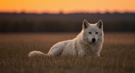 Obraz premium Arctic Wolf at Sunset - A majestic arctic wolf rests in a field at sunset, its white fur glowing in the golden light