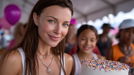Obraz premium joyful gathering takes place outdoors with a smiling woman presenting a decorated cake. Children are seen in the background, adding to the festive atmosphere filled with balloons