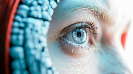 A close-up macro photograph of a light blue-gray eye with detailed eyelashes and skin texture.